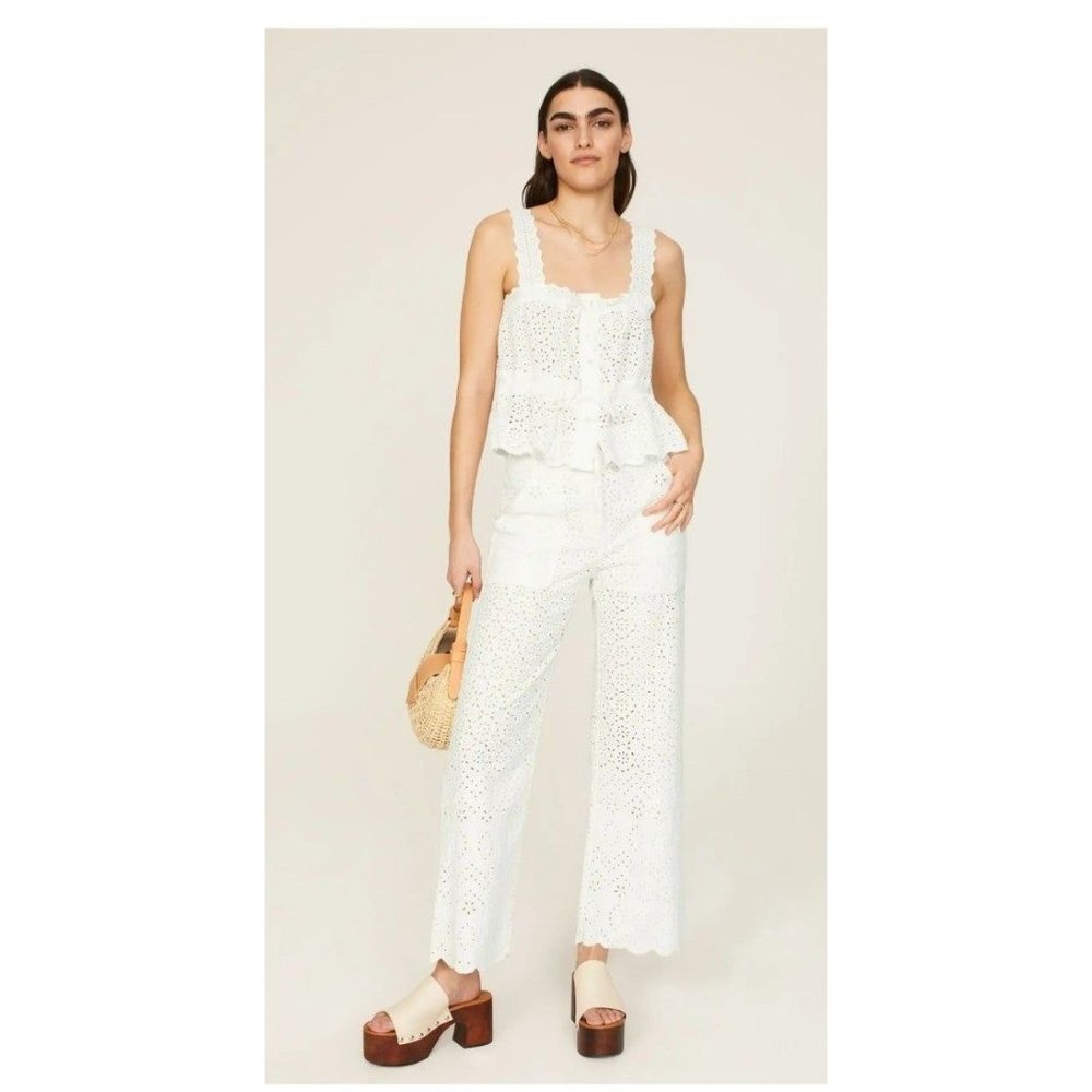 Veronica Beard White Eyelet Straight Leg Pants